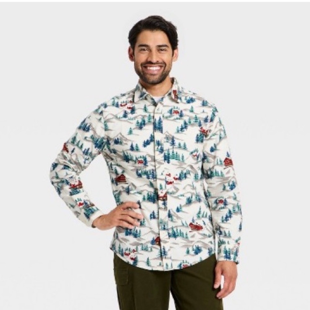 Goodfellow & Co Mens Holiday Oxford Winter Tree Cabin Print Shirt Small NEW